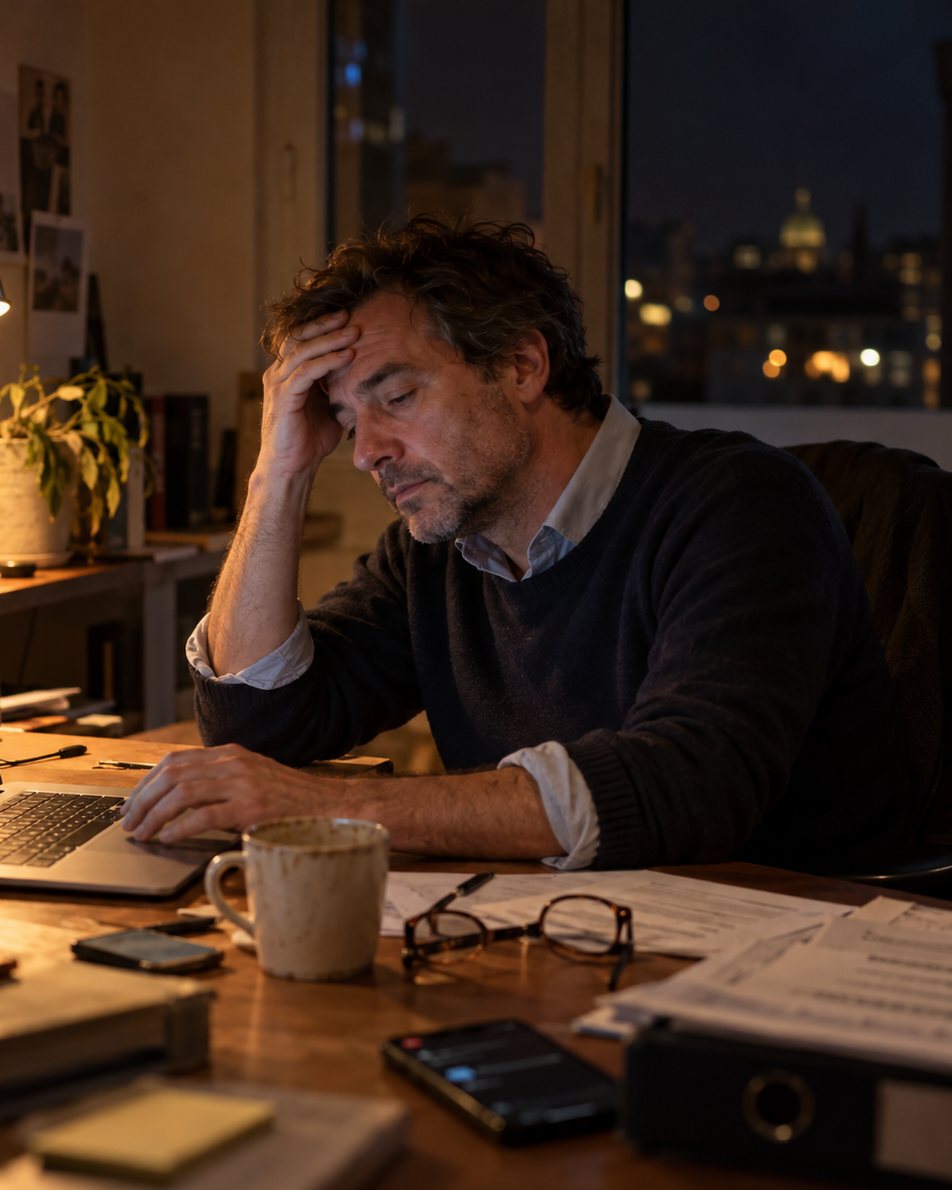 Un dirigeant fatigué, seul à son bureau tard le soir devant son ordinateur